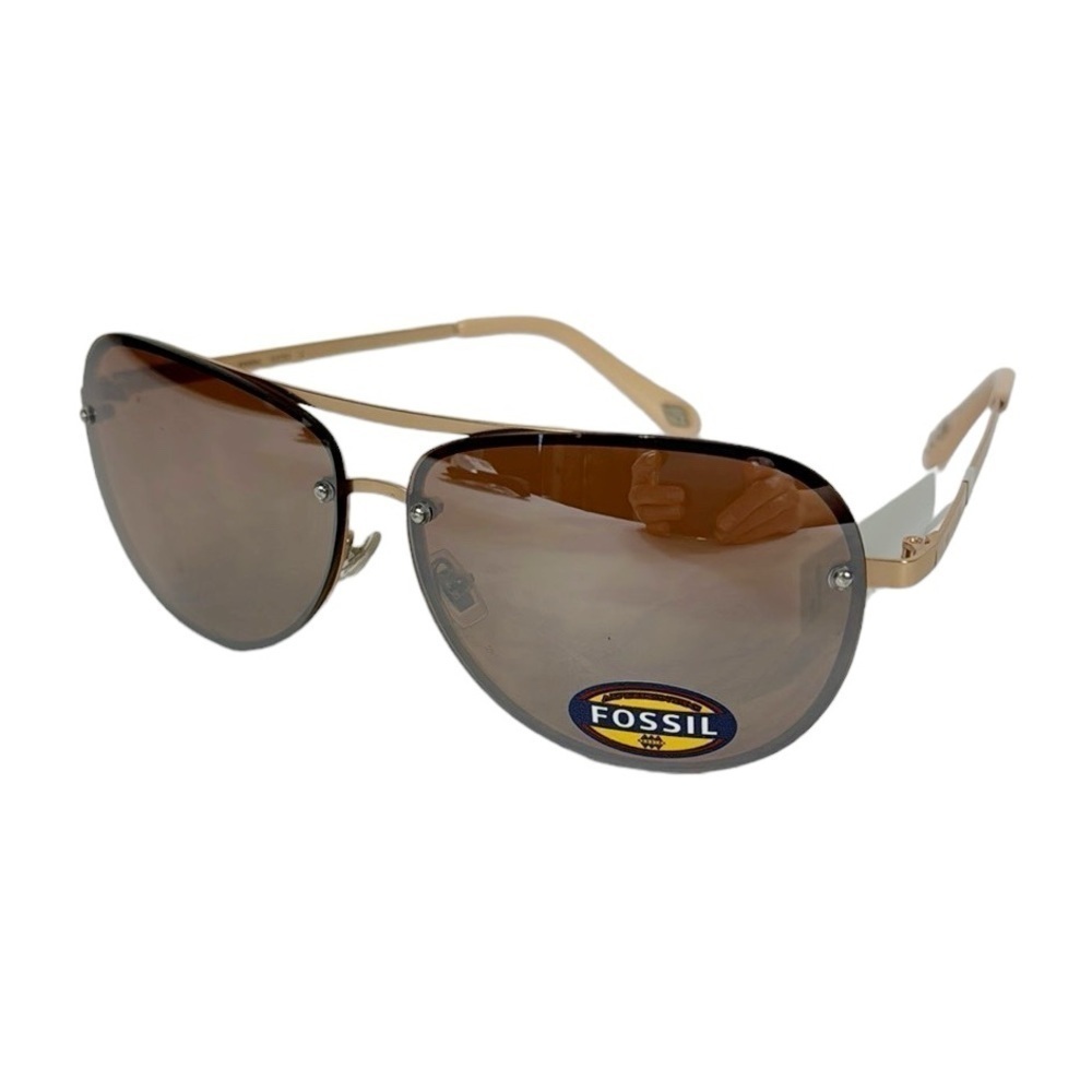 Fossil FW157 Rimless Pilot Aviator Sunglasses‎ Gold Frame Brown Flash Lens New
